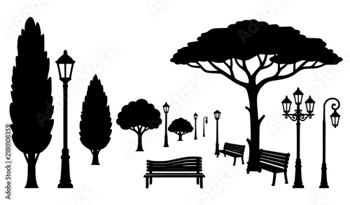 Park landscape silhouette elements with trees benches and decorative street lamps