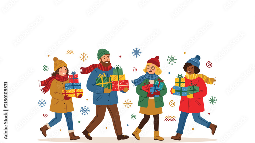 Fototapeta premium Four friends walking together carrying wrapped gifts on a winter day.