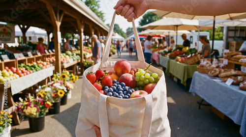 Fresh seasonal produce filled reusable bag held at outdoor farmers market stall with blueberries under bright natural lighting