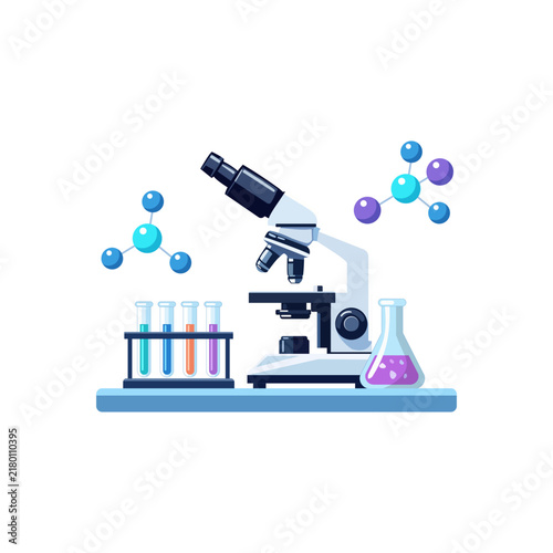 Modern laboratory equipment with microscope and test tubes for research