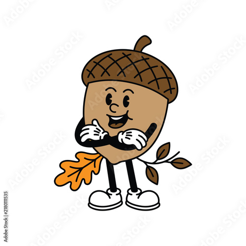 Retro mascot character of a happy acorn with arms crossed.