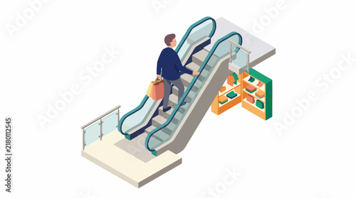 Person riding escalator in modern shopping mall.