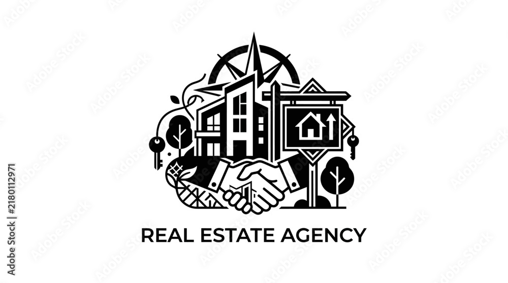 Obraz premium Real Estate Agency Logo With House, Handshake, Keys, Compass, and Trees