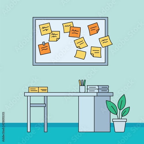 Modern Office Workspace with Kanban Board and Sticky Notes