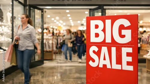 A rapid shot of shoppers rushing toward a sale outside a store, behind glass. The Big Sale sign draws crowds; vibrant scene captures retail energy, anticipation, and the rush of bargain hunting in a h