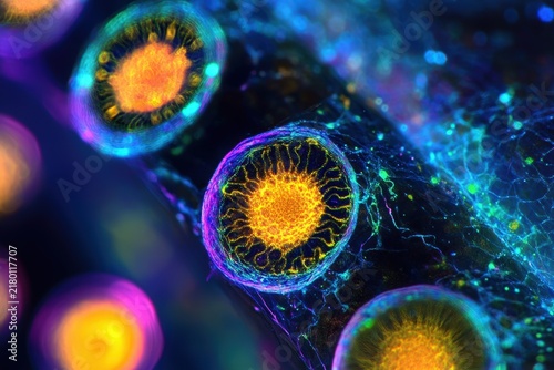 Colorful microscopic view of biological cells.