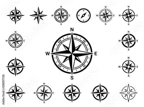 Vintage nautical compass rose set, 15 black wind rose icons, antique maritime navigation symbols for maps and travel design