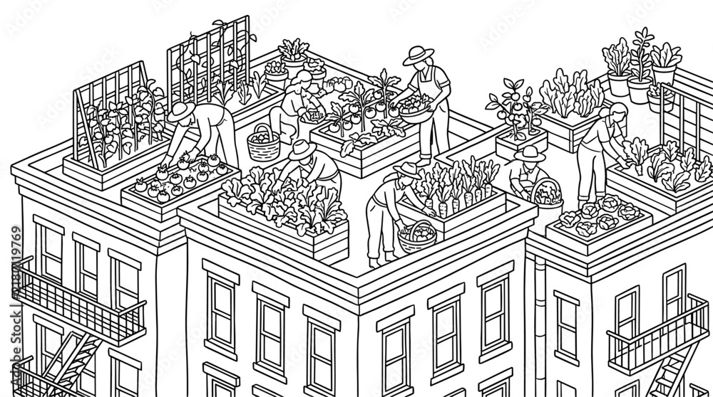 Fototapeta premium People tending rooftop gardens on apartment buildings, urban farming scene with diverse crops and community involvement