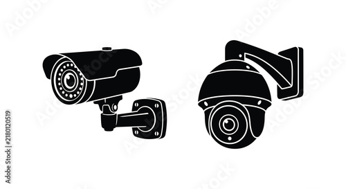 Принти на полотні Security camera silhouettes depict surveillance technology on a white background