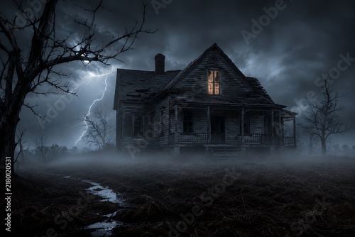 A dark and eerie old abandoned house stands in a foggy field under a stormy night sky with lightning, a single window glowing.