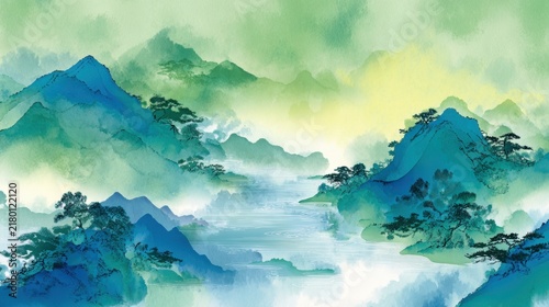 Serene Watercolor Landscape with Misty Mountains and Lush Trees