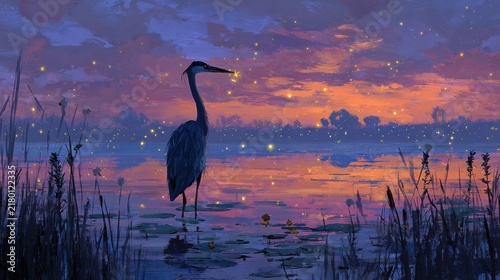 A heron stands gracefully in a tranquil wetland at twilight, surrounded by glowing fireflies and vibrant sunset hues.