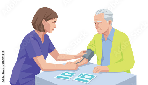 Nurse checks blood pressure for an elderly male patient during a clinical consultation at a desk.