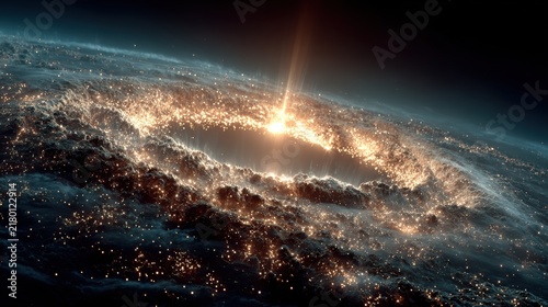 Spiral Galaxy with Bright Core Illuminating Stellar Structures