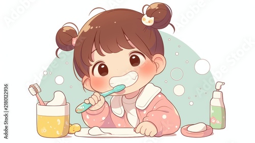 A cartoon girl brushing her teeth with bubbles around, promoting oral hygiene.