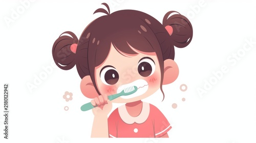 A cartoon girl with pigtails brushing her teeth with a toothbrush, surrounded by bubbles.