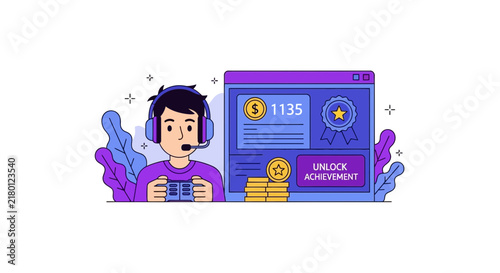 Pro Gamer Earning Money and Unlocking Achievements Flat Illustration