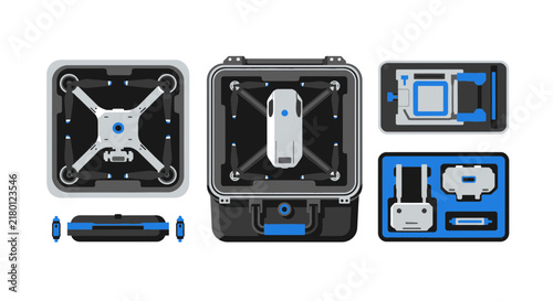 Professional drone equipment kit in protective hard cases vector illustration