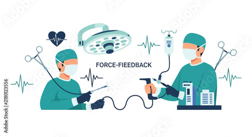 Robotic Surgery and Force-Feedback Technology Illustration. Professional surgeons utilizing haptic feedback devices for advanced minimally invasive medical procedures.