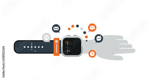Modern Smartwatch Flat Illustration with Communication and Notification Icons on Wrist