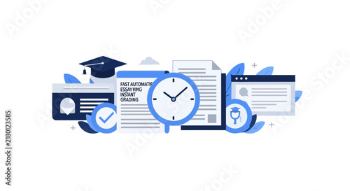 AI Automated Essay Grading and Fast Online Academic Assessment Vector Illustration