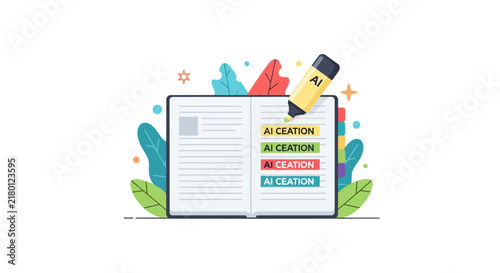 AI Content Creation Concept with Notebook and Highlighter Illustration