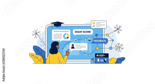 Online Education Platform Illustration with Student Reviewing Essay Feedback and Performance Data