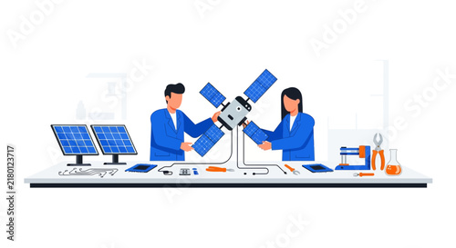 Aerospace Engineers Assembling Satellite with Solar Panels in Laboratory, Flat Vector Illustration