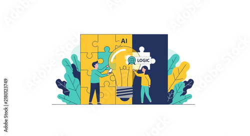 Business Teamwork Building AI and Logic Lightbulb Jigsaw Puzzle for Innovation and Strategy