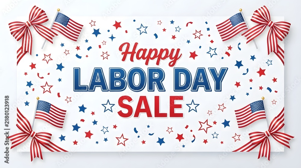 Fototapeta premium Happy labor day sale banner with american flags and red, white, and blue stars isolated on white background