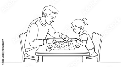 Father and Daughter Assembling Jigsaw Puzzle Together, Family Activity, Isolated