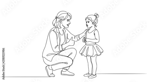 Woman encouraging little girl in ballet outfit, one line drawing, isolated