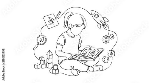 Child Reading Book, Imagination, Learning, Science, Rocket, Blocks, Isolated