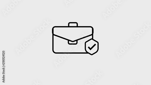 A simple black outline of a briefcase with a shield containing a checkmark superimposed on its lower right side, symbolizing business security, verified documents, or a secure portfolio
