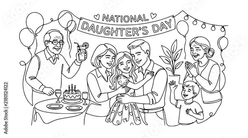 Happy Family Celebrating National Daughter's Day with Cake and Balloons