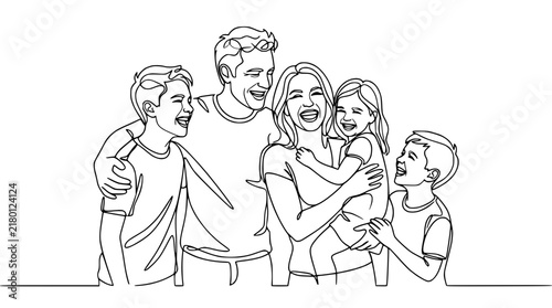 Happy Family Line Art - Parents and Three Children Laughing Together