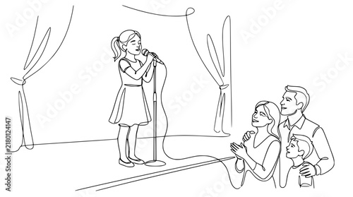 Young girl singing on stage with family watching, isolated line art