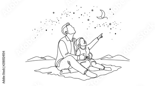 Father and Child Looking at Moon and Stars, Single Line Art, Transparent Background