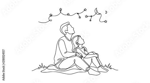 Father and Daughter Looking Up At Stars, Constellations, Moon, One Line Drawing