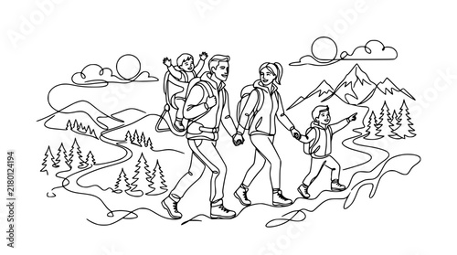 Family Hiking Adventure, Parents and Children Walking in Mountains