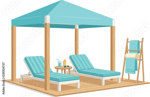 Luxury beach cabana with turquoise lounge chairs. Tropical resort gazebo on wooden deck. Summer vacation sunbed vector illustration.
