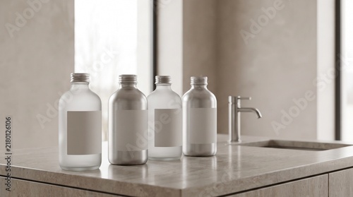 Minimalist Glass Bottles Set for Skincare and Cosmetic Products on Countertop