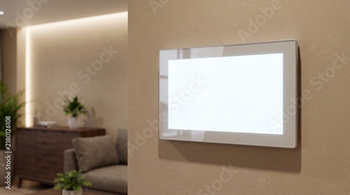Blank Digital Display Screen Mounted on a Minimalist Interior Living Room Wall