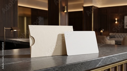Blank Minimalist Card and Envelope Set on a Luxury Stone Countertop