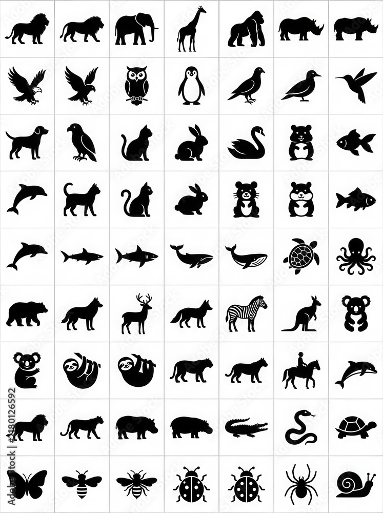 Fototapeta premium Large Collection of 64 Animal Silhouettes Vector Icons Set for Web and Graphic Design Projects