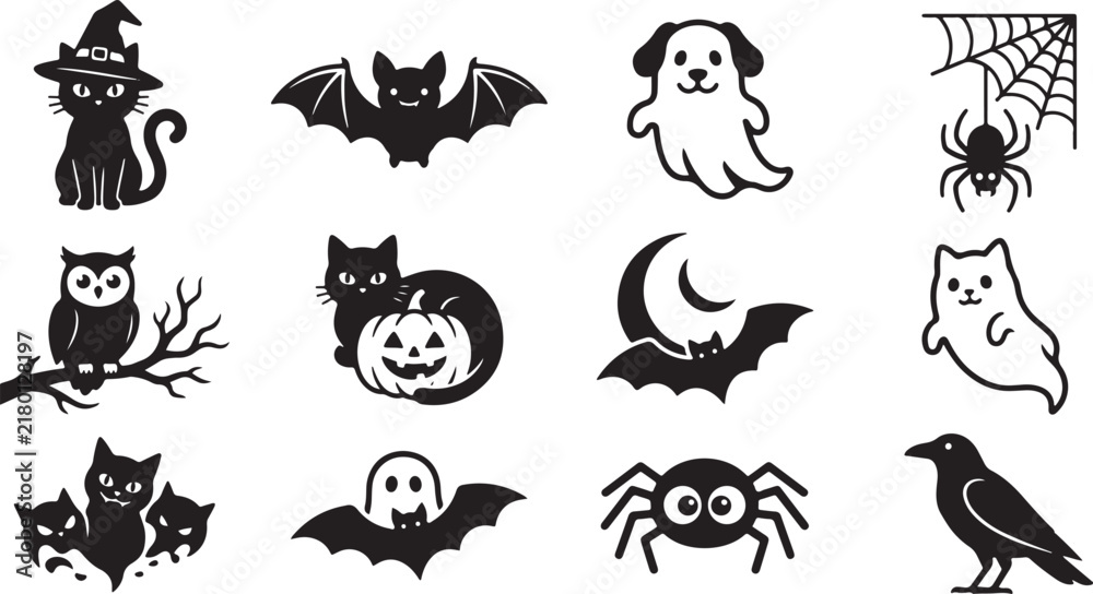 Obraz premium Set of halloween-themed black silhouettes featuring cats, bats, ghosts, spiders, owls, and crows on a white background