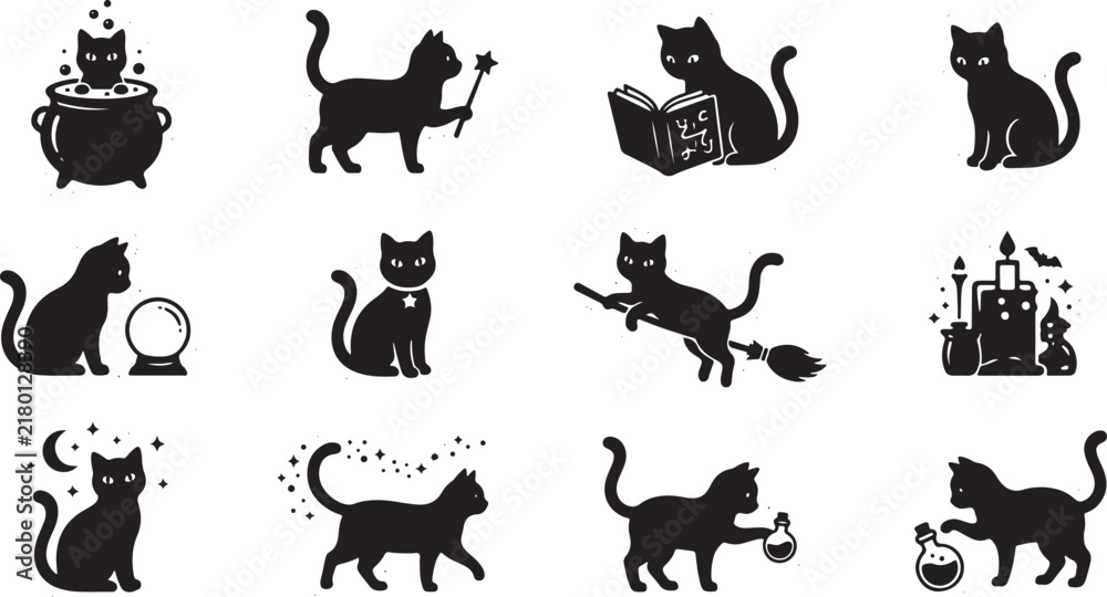 Obraz premium Twelve black cat silhouettes engaged in magical activities with cauldrons, potions, books, and stars on a white background isolated