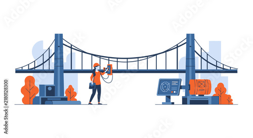 Female Engineer Inspecting Bridge with Smart Technology Illustration