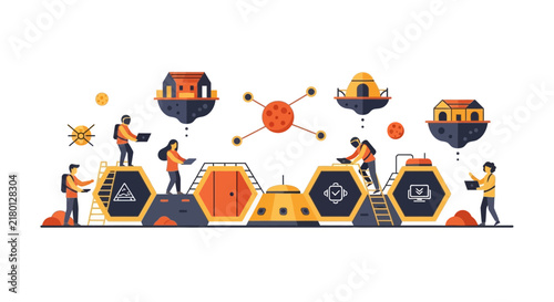 Futuristic Space Colony Illustration with Astronauts and Hexagonal Habitat Modules