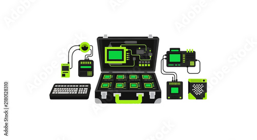 Cyberpunk Hacking Rig Illustration, Portable Tech Case with Screens and External Computer Modules on White Background
